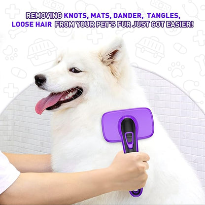 Dogs Cats Self Cleaning Slicker Brush for Shedding &amp; Grooming Any Breed of Pets, Removes Loose, Undercoat, Mats, Tangled Hair for Small Medium Large Animal With Long Short Fur Length, Purple