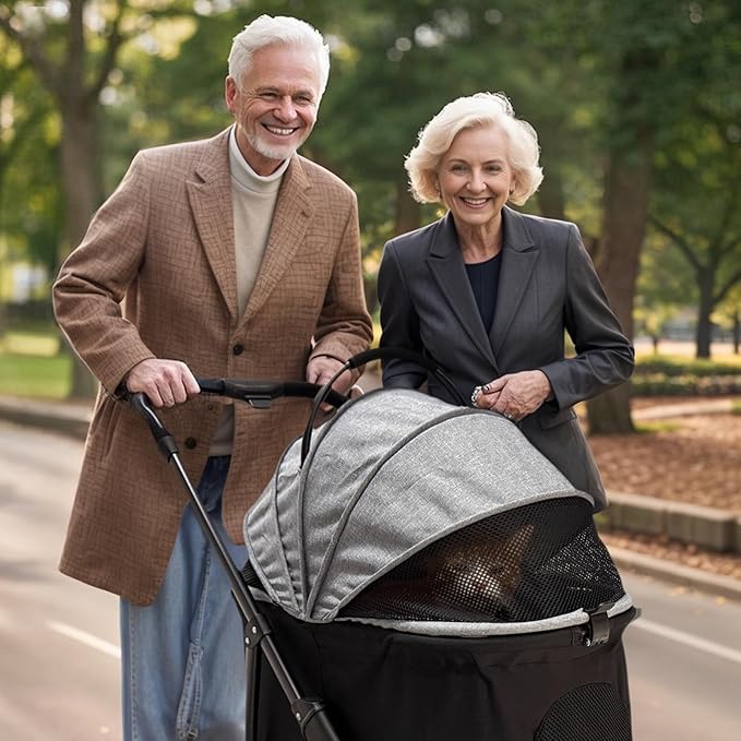 4 Wheels Pet Stroller 4 in 1 Pet Stroller with Detachable Carrier for Small &amp; Medium Dogs Cats up to 55 lbs Easy-Folding Travel Dog Wagon with Car Seat Breathable Mesh,Gray