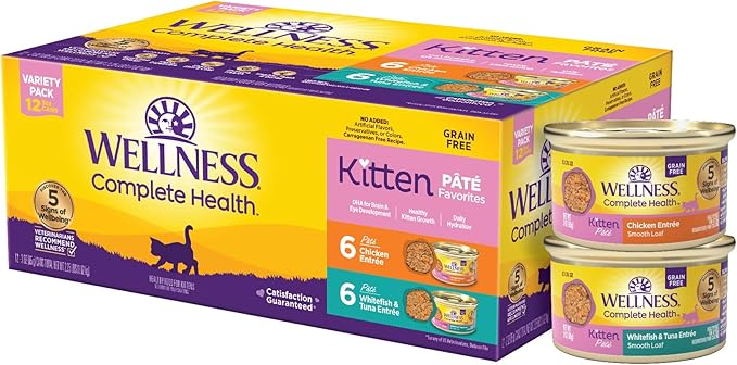 Wellness Complete Health Pate Kitten Wet Cat Food, Natural, Protein-Rich, Grain Free, 3 Ounce, 12 Pack, (Whitefish &amp; Chicken Variety Pack)
