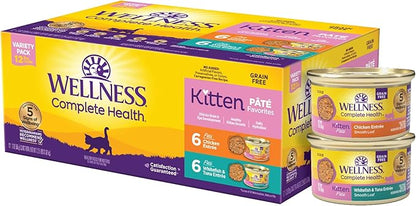 Wellness Complete Health Pate Kitten Wet Cat Food, Natural, Protein-Rich, Grain Free, 3 Ounce, 12 Pack, (Whitefish &amp; Chicken Variety Pack)