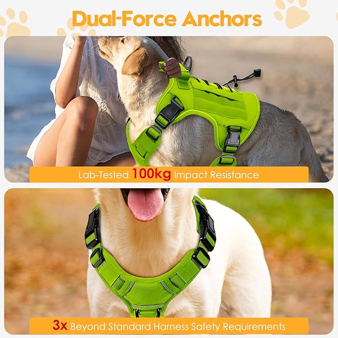 Heavy-Duty Tactical Dog Harness for Large Dogs, No Pull Adjustable Reflective Pet Vest with Molle System, K9 Military-Grade Control for Service Training, Outdoor &amp; 10+ Breeds, Wild Lime, XX-Large