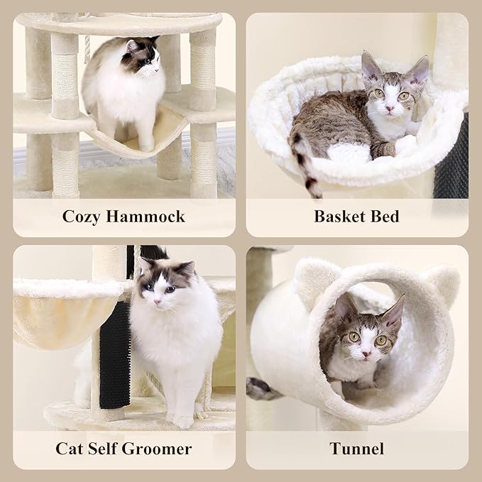 Globlazer Artistic Curved Cat Tower for Small Cats (Under 12 lbs), 81-inch Slim Design Cat Tree with Space-Saving Design, Indoor Cat Condo with Hammock &amp; Tunnel, C81, Beige, Non-Large Cats