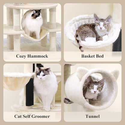 Globlazer Artistic Curved Cat Tower for Small Cats (Under 12 lbs), 81-inch Slim Design Cat Tree with Space-Saving Design, Indoor Cat Condo with Hammock &amp; Tunnel, C81, Beige, Non-Large Cats