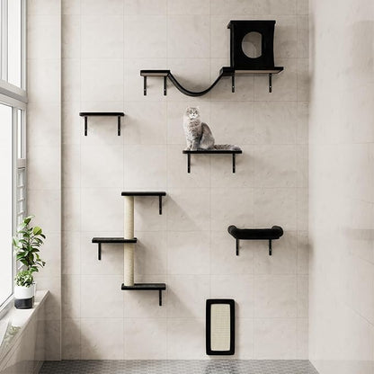 NUNU LAB Wall Mounted Cat Furniture, 6 Pcs Cat Wall Shelves with Condo House, Bridge, Steps, Scratcher, Hammock, Indoor Safe &amp; Stable Furniture for Kittens Play, Black
