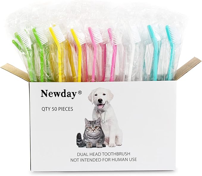 50 Pack Dual Ended Long Dog &amp; Cat Toothbrush, Pet Safe Super Soft Bristles for Pet Dog Puppy Kitten Dental &amp; Oral Care Teeth &amp; Gums, Pet toothbrushes in Box, Bulk Individual polybag (Colorful)