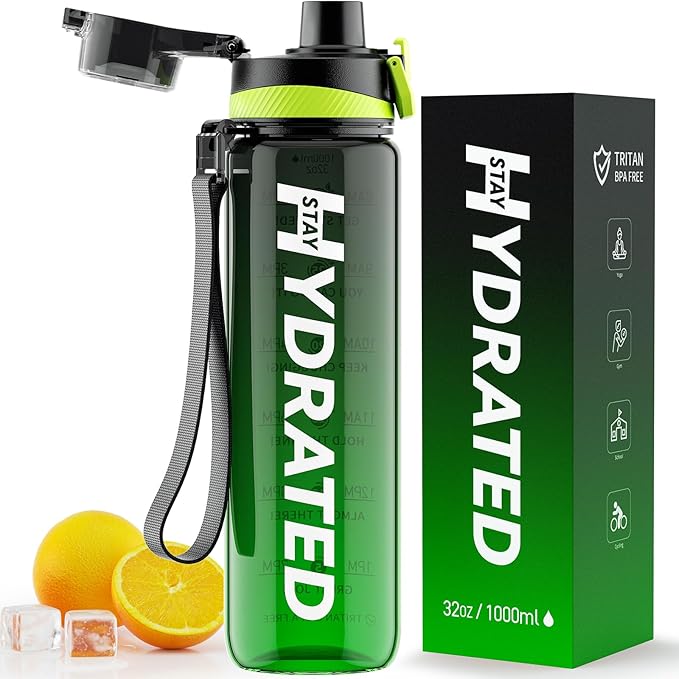 Water Bottle, 32 oz Motivational Water Bottles with Time Marker-Tritan &amp; BPA Free, Sports Water Bottle with Time to Drink &amp; Strap, Wide Mouth, Leakproof -Gift for Christmas Gym Fitness &amp; Outdoor