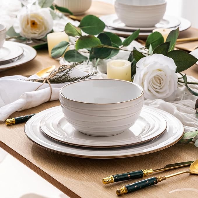 GBHOME Ceramic Dinnerware Sets, 24 pcs Embossed Elegant Stoneware Plates and Bowls Sets, Housewarming Wedding Gift | Dishwasher &amp; Microwave Safe | Dishes Set Service for 8