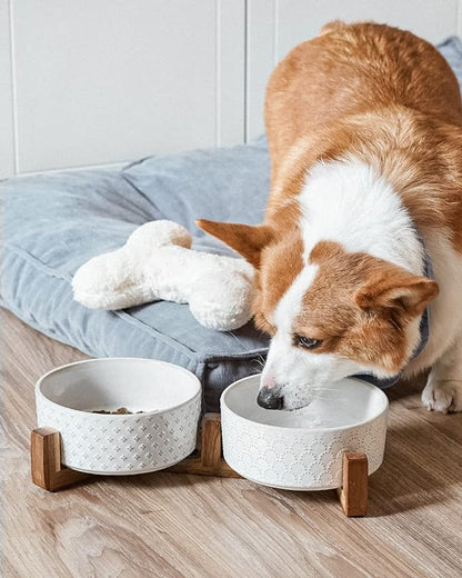 LE TAUCI Ceramic Dog Bowls with Acacia Wood Stand - 7 Inch Food &amp; Water Set for Medium-Large Dogs - Weighted Pet Bowls