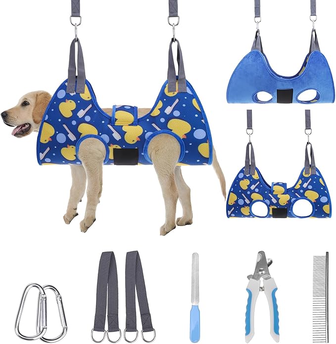 PAWCHIE Dog Grooming Hammock Harness for Dogs &amp; Cats with Pet Nail Clipper Trimmer - Cat Hanger Sling for Trimming Clipping Nails- Dog Hammock Restraint Bag for Small Medium Large Dog, Navy Blue M