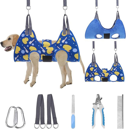 PAWCHIE Dog Grooming Hammock Harness for Dogs &amp; Cats with Pet Nail Clipper Trimmer - Cat Hanger Sling for Trimming Clipping Nails- Dog Hammock Restraint Bag for Small Medium Large Dog, Navy Blue M