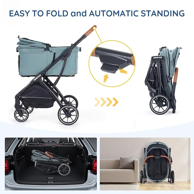 T5 Luxury Pet Stroller for Medium Dog Under 60lbs or 2 Small Dogs &amp; Cats with 180 ̊Canopy, Sun Shades, Auto-Folding Stroller for Multiple Pets (Green)