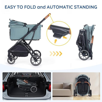 T5 Luxury Pet Stroller for Medium Dog Under 60lbs or 2 Small Dogs &amp; Cats with 180 ̊Canopy, Sun Shades, Auto-Folding Stroller for Multiple Pets (Green)