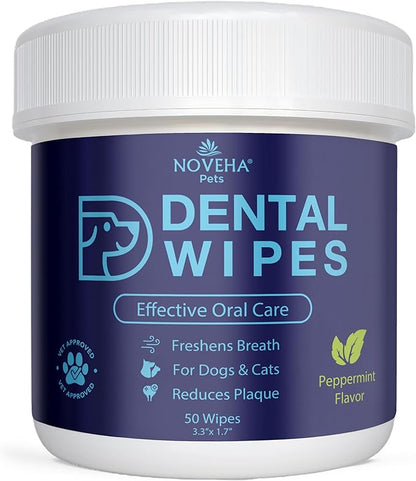 NOVEHA Pets Dental Finger Wipes for Dogs &amp; Cats | Freshens Breath, Reduces Plaque | Healthier Gums | Clean Teeth No Toothbrush | Vet Recommended Effective Natural Oral Care (50 pcs, Mint)