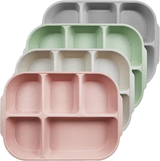 greenandlife 10.8 Inch 4PCS Divided Plates for Kids Adults, Portion Control Plates, Dishwasher &amp; Microwave Safe Compartment Plate, Unbreakable Lightweight Reusable Wheat Straw Plates, INS