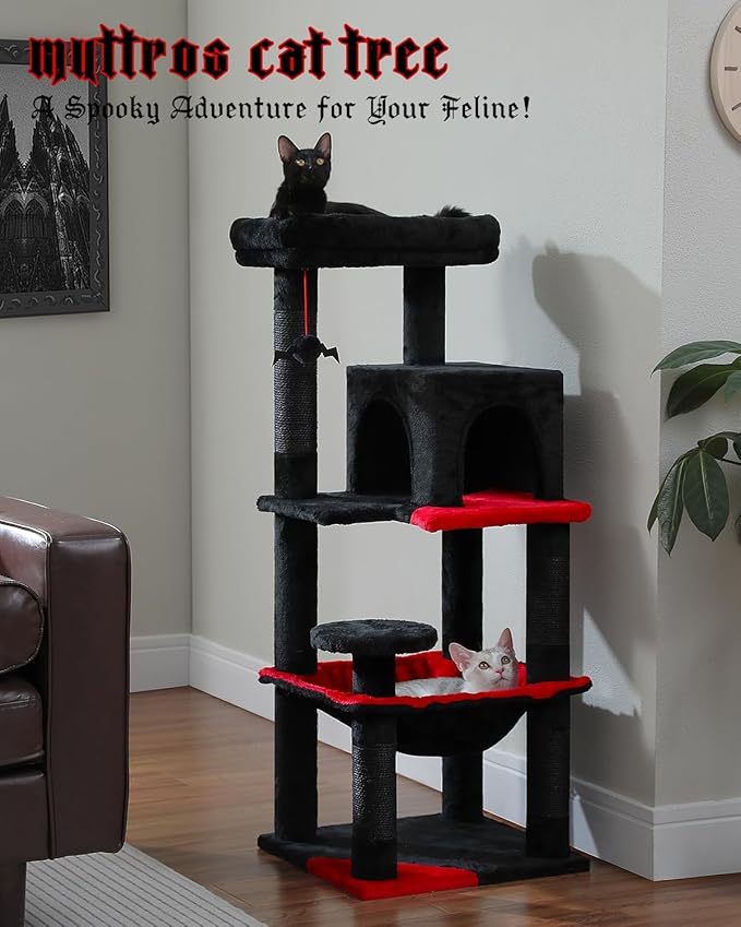 Gothic Cat Tree with Super Large Hammock, 45.7" Black Cat Tower with Coffin Bed, Cat Condo, Sisal Scratching Posts &amp; Top Perch, Multi-Level Goth Cat Tree, Halloween, Black