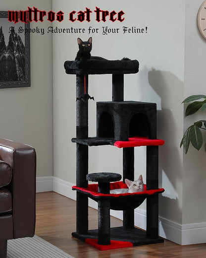 Gothic Cat Tree with Super Large Hammock, 45.7" Black Cat Tower with Coffin Bed, Cat Condo, Sisal Scratching Posts &amp; Top Perch, Multi-Level Goth Cat Tree, Halloween, Black