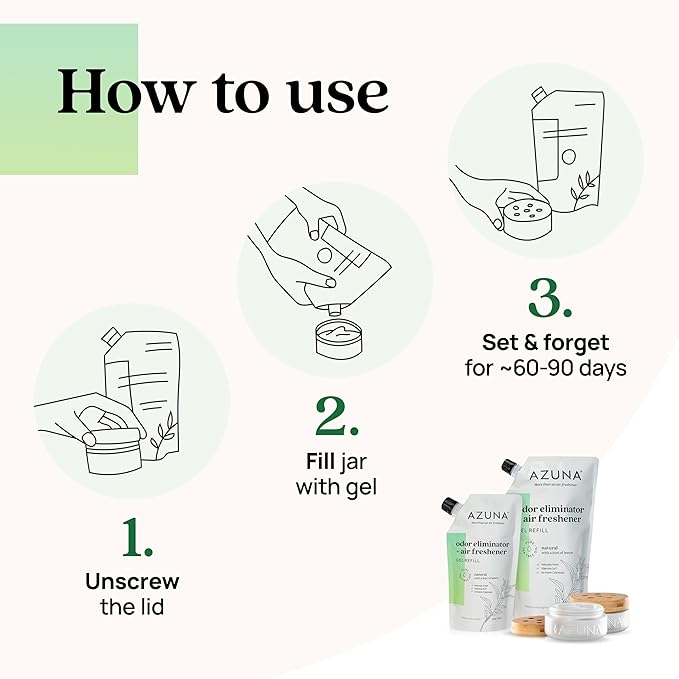 Azuna Air Freshener &amp; Odor Eliminator for Strong Odor | 2 Room Kit Includes (2) 8 oz. Empty Luxe Glass Jars &amp; 12 oz | Refill with Tea Tree Essential Oil Gel | Natural Scent | Last 60-90 Days