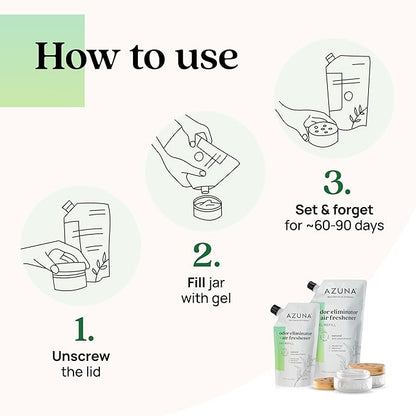 Azuna Air Freshener &amp; Odor Eliminator for Strong Odor | 2 Room Kit Includes (2) 8 oz. Empty Luxe Glass Jars &amp; 12 oz | Refill with Tea Tree Essential Oil Gel | Natural Scent | Last 60-90 Days