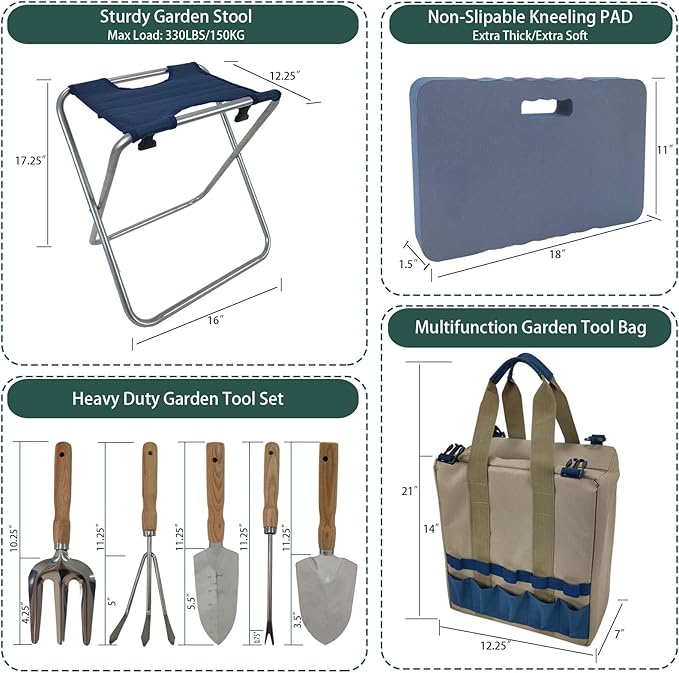 Garden Folding Gardener Stool with Gardening Tools Insulation Garden Bags Plus 5 Garden Tools and Gardening Kneeler Ideal Gift for Mother&