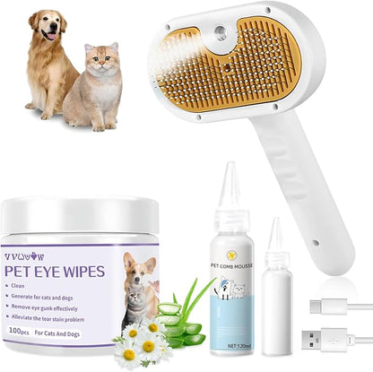 Pet Steam Brush for Dog &amp; Cat–3-in-1 Spray Hair Removal Comb–Steam Brush for Shedding &amp; Grooming–Water Brushes for Long &amp; Short Haired Pets–Spritz Defur Comb–Includes Waterless Shampoo &amp; Eye Wipes