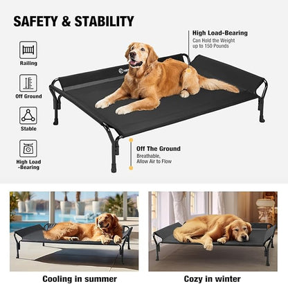 Veehoo Cooling Elevated Dog Bed, Raised Pet Cot with Guardrail &amp; Slope Headrest, Durable Breathable Teslin Mesh, Non-Slip Feet, Washable Dog Couch Bed for Indoor &amp; Outdoor, Medium 39.5" x 28", Black