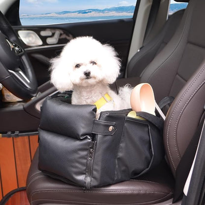 2 and 1 Center Console Dog Car Seat &amp; Carrier for Small Dogs, Large Leather Dog Car Bed with Storage Pocket, Waterproof PVC Leather Seat Travel Bed for Front &amp; Back Seat, Clip-On Safety Leash