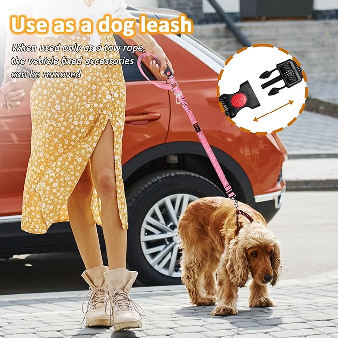 Removable Dog Seat Belt Harness for Car, 3 in 1 Pet Dog Car Seatbelt Leash, Retractable Restraint Secures to Vehicle Headrest &amp; Adjustable Reflective Bungee Dog Seatbelt Tether, Pink and Black