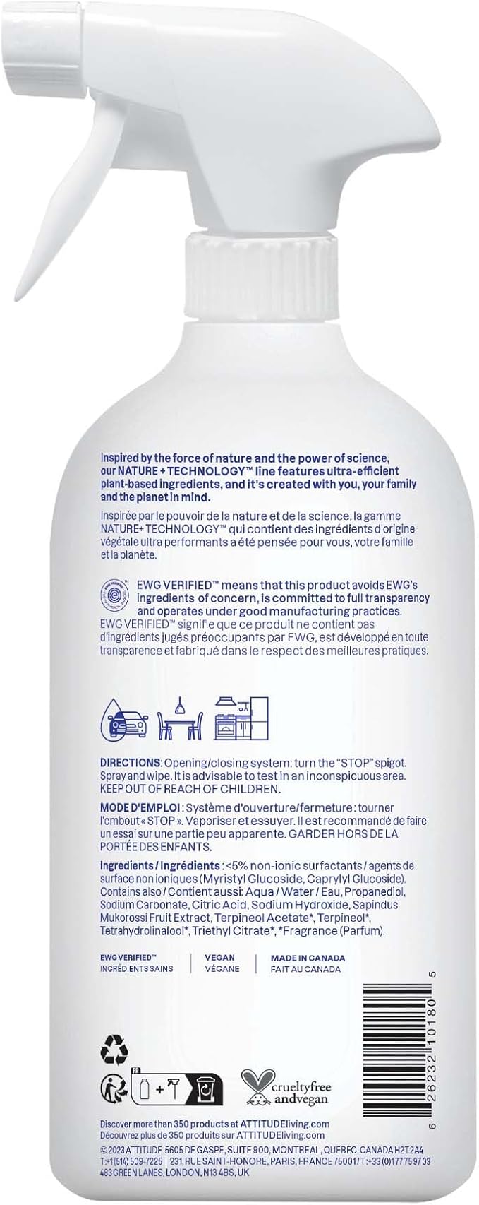 ATTITUDE All Purpose Cleaner Spray, EWG Verified, Vegan, Made with 94% Plant-Based Ingredients, Streak-Free for Kitchen, Bathroom, Glass &amp; More, Citrus Zest Scent, 27.1 Fl Oz