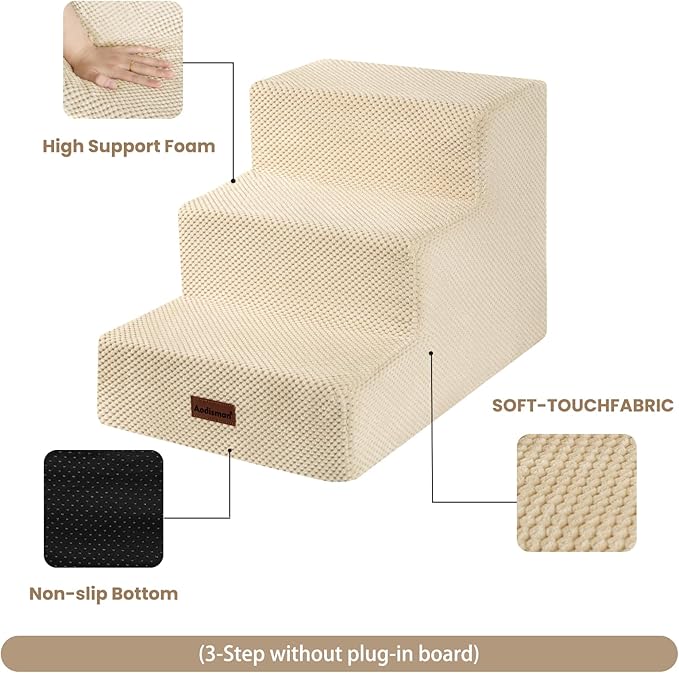 Dog Stairs for Small Dogs &amp; Cats, 3-Step Extra Wide Non-Slip Pet Steps for Couch Sofa and Chair, Beige, 15.7" H