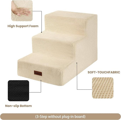 Dog Stairs for Small Dogs &amp; Cats, 3-Step Extra Wide Non-Slip Pet Steps for Couch Sofa and Chair, Beige, 15.7" H