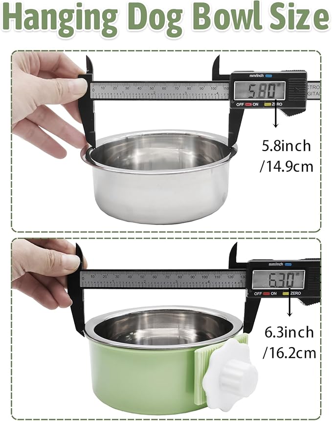 kathson Crate Dog Bowl 2pcs, Removable Stainless Steel Hanging Pet Kennel Cage Bowl Food &amp; Water Feeder Coop Cup for Puppy, Cat, Rabbit,Guinea Pigs Large (Blue,Green)