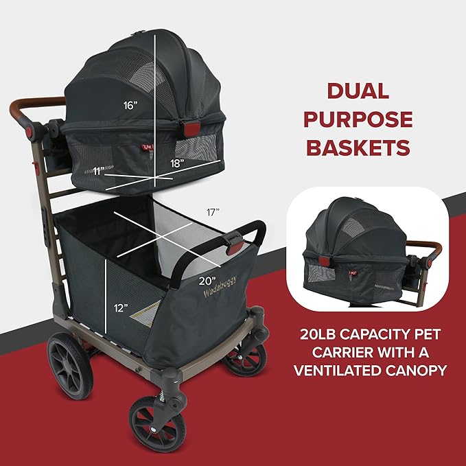 Pet Foldable Cart - Luxury Cat &amp; Dog Stroller with Extra Large Shopping Basket, Cup Holders, &amp; Ventilated Canopy - Easy Fold Pet Stroller for Cats &amp; Dogs