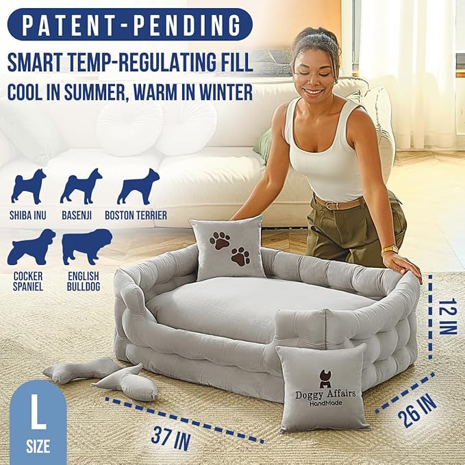 Luxury Dog Bed Chesterfield – Handcrafted Velvet Throne for Dogs | Joint Support, Calming &amp; Temp-Regulating Comfort | Durable 5+ Years, Anti-Claw, Washable 100+ Times – L, Gray