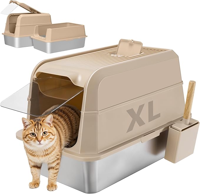 Stainless Steel Litter Box with Lid, XL Extra Large Cat Litter Box, Enclosed Metal Litter Pan with High Sided Enclosure &amp; Scoop, Anti Leakage, Easy to Clean, Odor Control(Khaki)