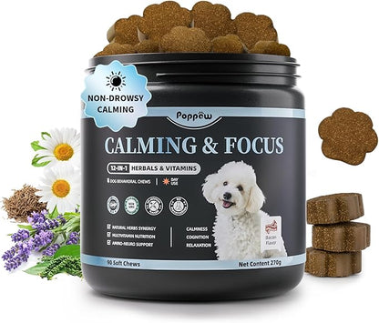 Calming Chews for Dogs – Calming Treats for Anxiety, Stress, Separation, Travel&amp;Thunder, Relaxation &amp; Focus Support with L-Theanine, Valerian Root, Chamomile &amp; Ashwagandha, Bacon Flavor, 90Ct