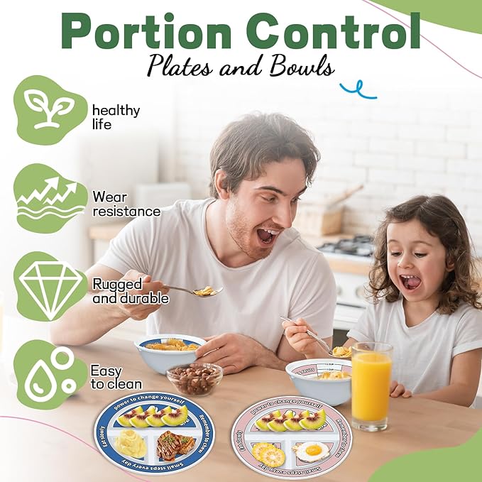 4 Pcs Portion Control Plates &amp; Bowls Set (2 Plates + 2 Bowls, 9 Inch) - Self-Measuring for Weight Loss, Gastric Bypass, LapBand, Diabetes &amp; Healthy Diets, Pink &amp; Blue, for Adults &amp; Children