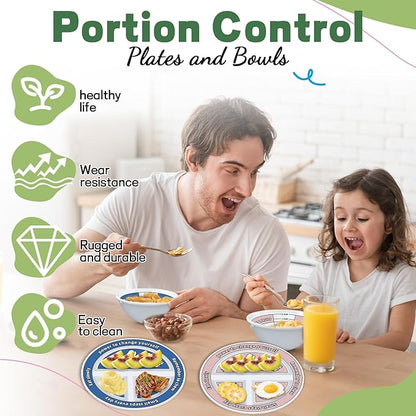 4 Pcs Portion Control Plates &amp; Bowls Set (2 Plates + 2 Bowls, 9 Inch) - Self-Measuring for Weight Loss, Gastric Bypass, LapBand, Diabetes &amp; Healthy Diets, Pink &amp; Blue, for Adults &amp; Children
