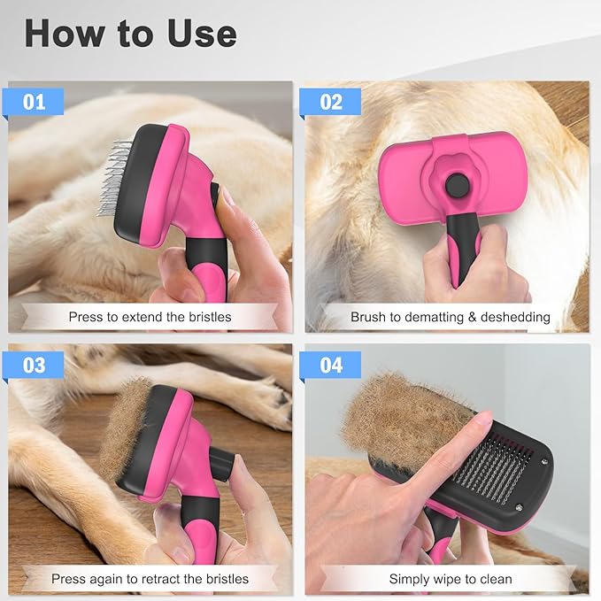 Self-Cleaning Pet Grooming Brush - Skin-Friendly Deshedding Tool for Dogs &amp; Cats in Pink, Removes Loose Hair and Tangles