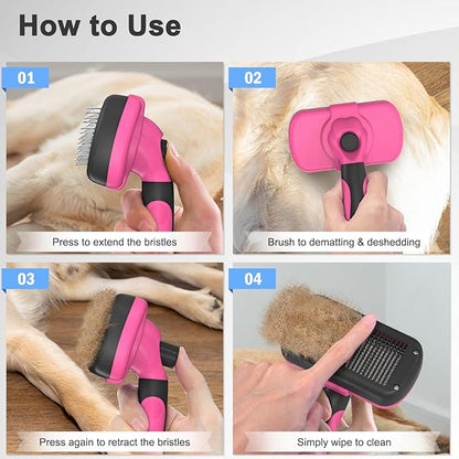 Self-Cleaning Pet Grooming Brush - Skin-Friendly Deshedding Tool for Dogs &amp; Cats in Pink, Removes Loose Hair and Tangles