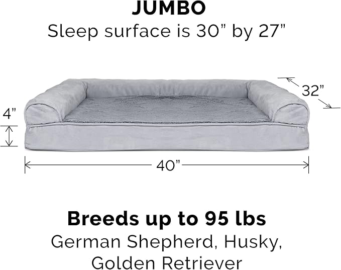Furhaven Orthopedic Dog Bed for Large Dogs w/ Removable Bolsters &amp; Washable Cover, For Dogs Up to 95 lbs - Plush &amp; Suede Sofa - Gray, Jumbo/XL