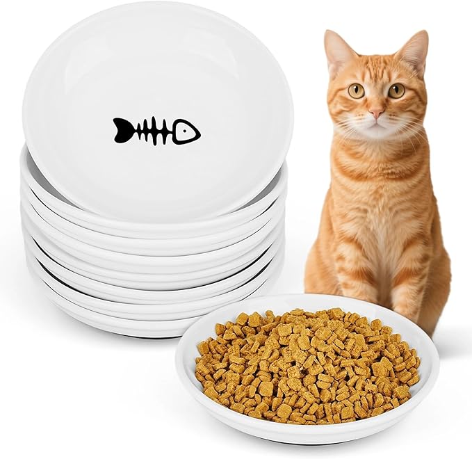 Ceramic Cat Food Bowls - 8 Pack Shallow Plates for Wet Food, Whisker-Friendly Feeding Dish with Non-Slip Silicone Base, Microwave &amp; Dishwasher Safe for Indoor Cats &amp; Kittens