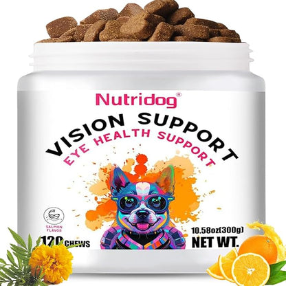 Eye Supplements for Dogs - Vision Support Soft Chews with Lutein, DHA &amp; Vitamin C | 120ct Salmon Flavor Tear Stain Chews | Cataract &amp; Dry Eye Relief Supplement (120 Ct, Salmon)