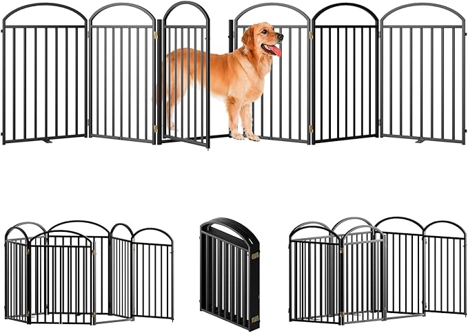 6 Panles Full Matel Freestanding Dog Gates with Door, 144"Extra Wide 32"Tall Free Standing Dog Pet Gate for Indoor &amp; Outdoor. Foldable Pet Fences for Doorways, House, Stairs, Porch, Deck, Yard