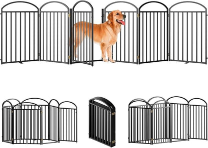 6 Panles Full Matel Freestanding Dog Gates with Door, 144"Extra Wide 32"Tall Free Standing Dog Pet Gate for Indoor &amp; Outdoor. Foldable Pet Fences for Doorways, House, Stairs, Porch, Deck, Yard