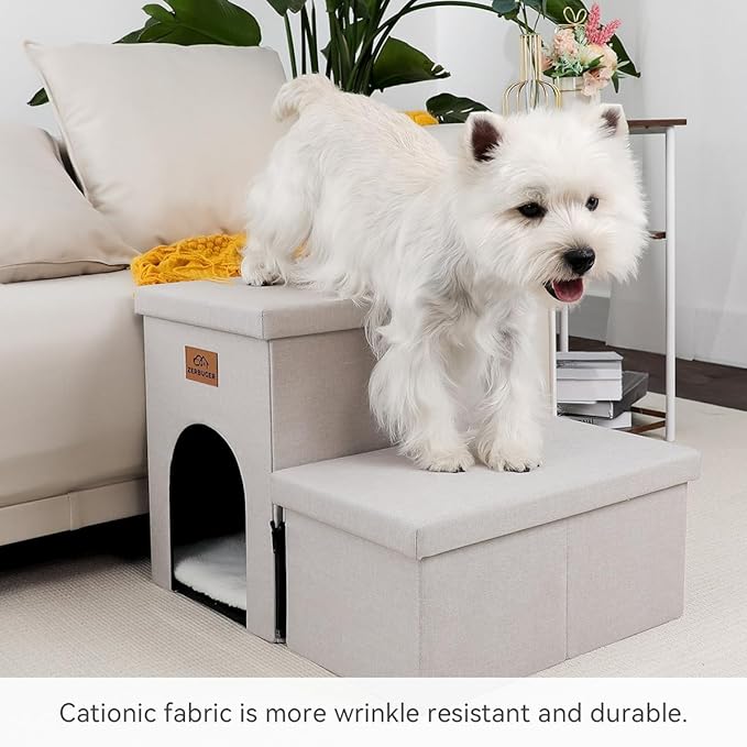 Dog Stairs with Condo 15" H, 2-Step Wider Dog Steps for Small/Medium/Large Old Dogs Cats, Folding Sturdy Storage Pet Stairs Climbing Bed Couch, Ramp for Car Hold Up to 150 lbs, Beige