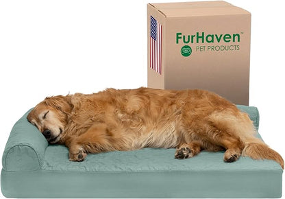 Furhaven Cooling Gel Dog Bed for Large Dogs w/ Removable Bolsters &amp; Washable Cover, For Dogs Up to 95 lbs - Pinsonic Quilted Paw L Shaped Chaise - Iceberg Green, Jumbo/XL