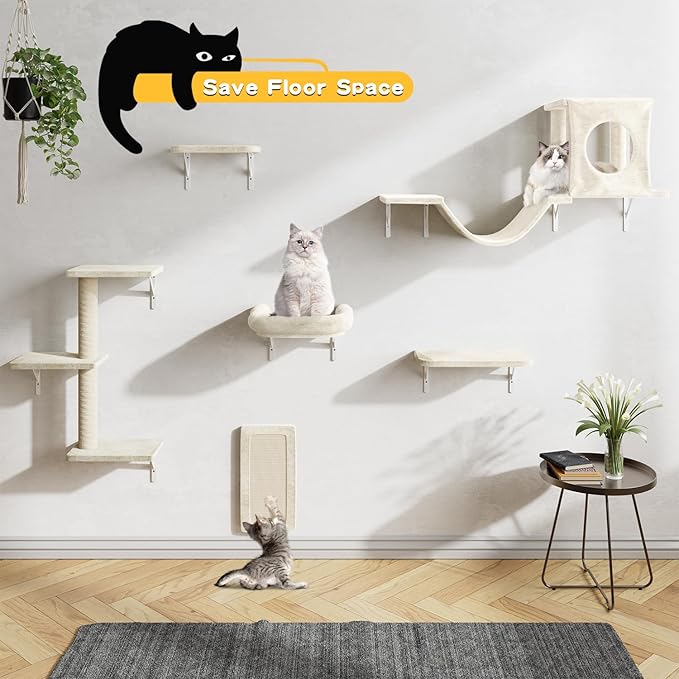 NUNU LAB Wall Mounted Cat Furniture, 6 Pcs Cat Wall Shelves with Condo House, Bridge, Steps, Scratcher, Hammock, Indoor Safe &amp; Stable Furniture for Kittens Play, Beige