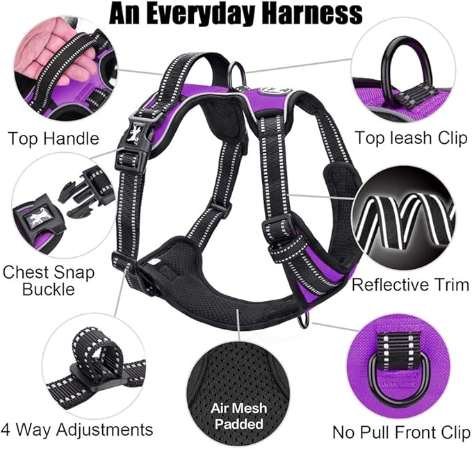 PoyPet No Pull Dog Harness, Reflective Comfortable Vest Harness with Front &amp; Back 2 Leash Attachments and Easy Control Handle Adjustable Soft Padded Pet Vest for Small to Large Dogs (Purple,XL)