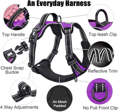 PoyPet No Pull Dog Harness, Reflective Comfortable Vest Harness with Front &amp; Back 2 Leash Attachments and Easy Control Handle Adjustable Soft Padded Pet Vest for Small to Large Dogs (Purple,XS)