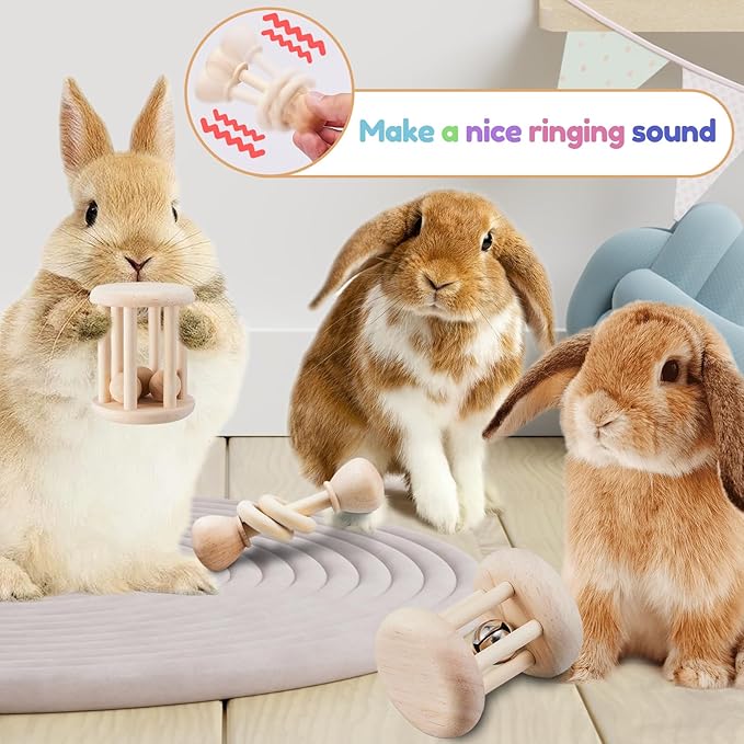 3 Pcs Wooden Bunny Toys - Safe Rabbit &amp; Guinea Pigs Teeth Grinding Toys for Chinchillas, Hamsters &amp; Small Animals - Indoor &amp; Outdoor